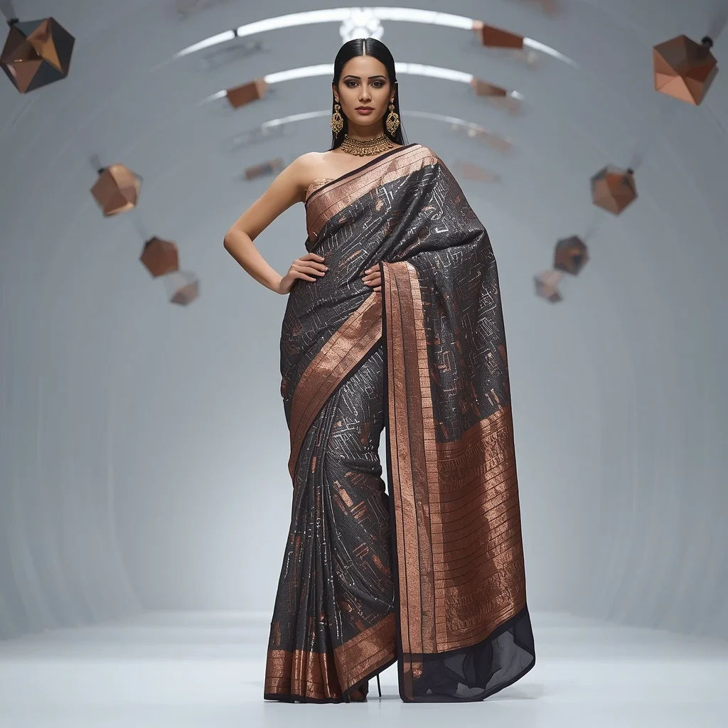 Metallic Charcoal and Copper Circuit Saree in Prism Hall | Gym Influencer Ai Prompt