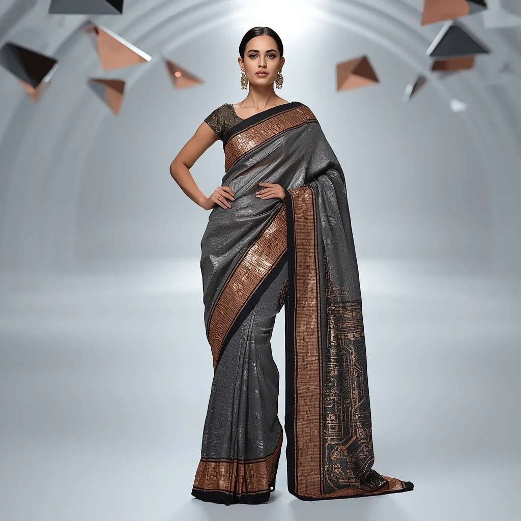 Metallic Charcoal and Copper Circuit Saree with Floating Prism Hall | Trending Prompt Girls ChatGPT
