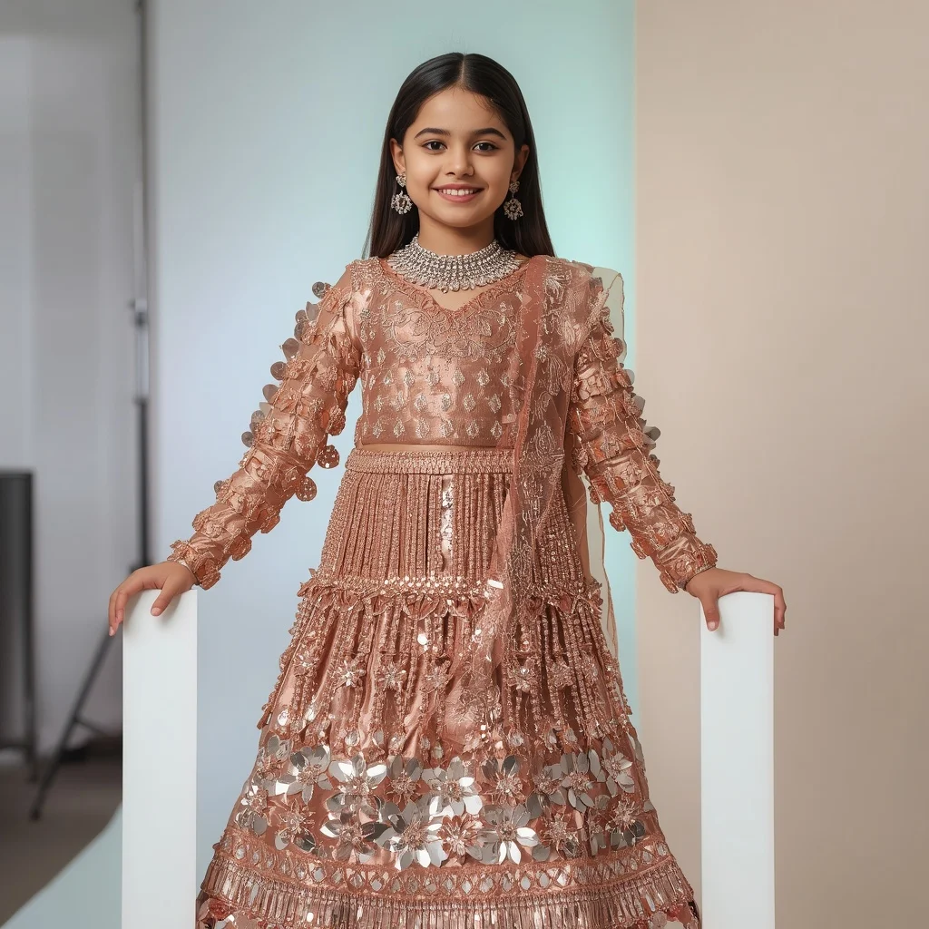 Metallic Copper & Crystal Saree Ultra-Heavy Work | Cute Girl Ai Prompt