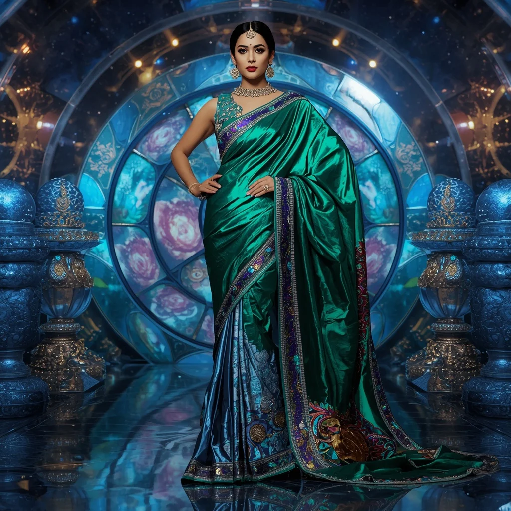 Metallic Cosmic Emerald Observatory Saree with Galaxy Diamond Kingdom | Prompt For Girl Photo Editing