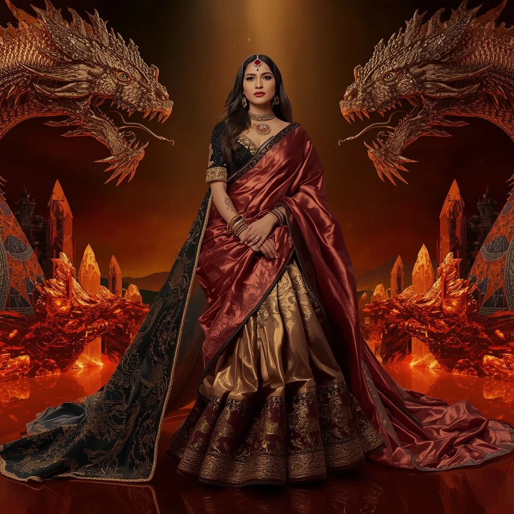 Metallic Dragon Crystal Planet Saree with Inferno Cosmic Kingdom | Prompt Gemini Ai