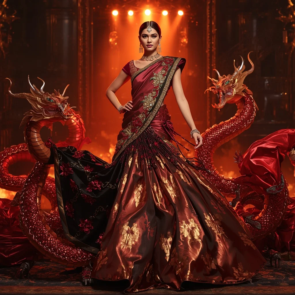 Metallic Dragon Infinity Fortress Saree with Inferno Crown Palace | Prompt Ai