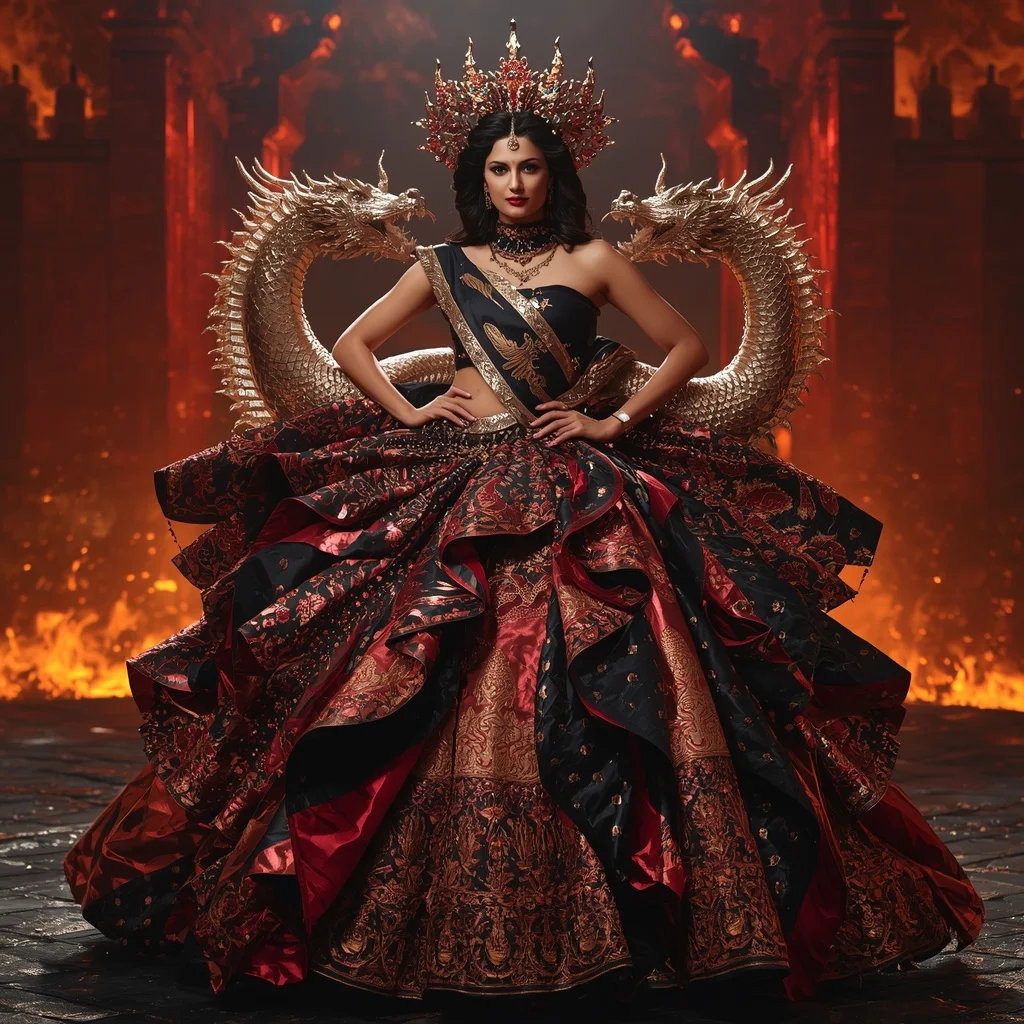 Metallic Dragon Spiral Crown Saree with Inferno Fortress Kingdom | Ideogram Ai Prompt