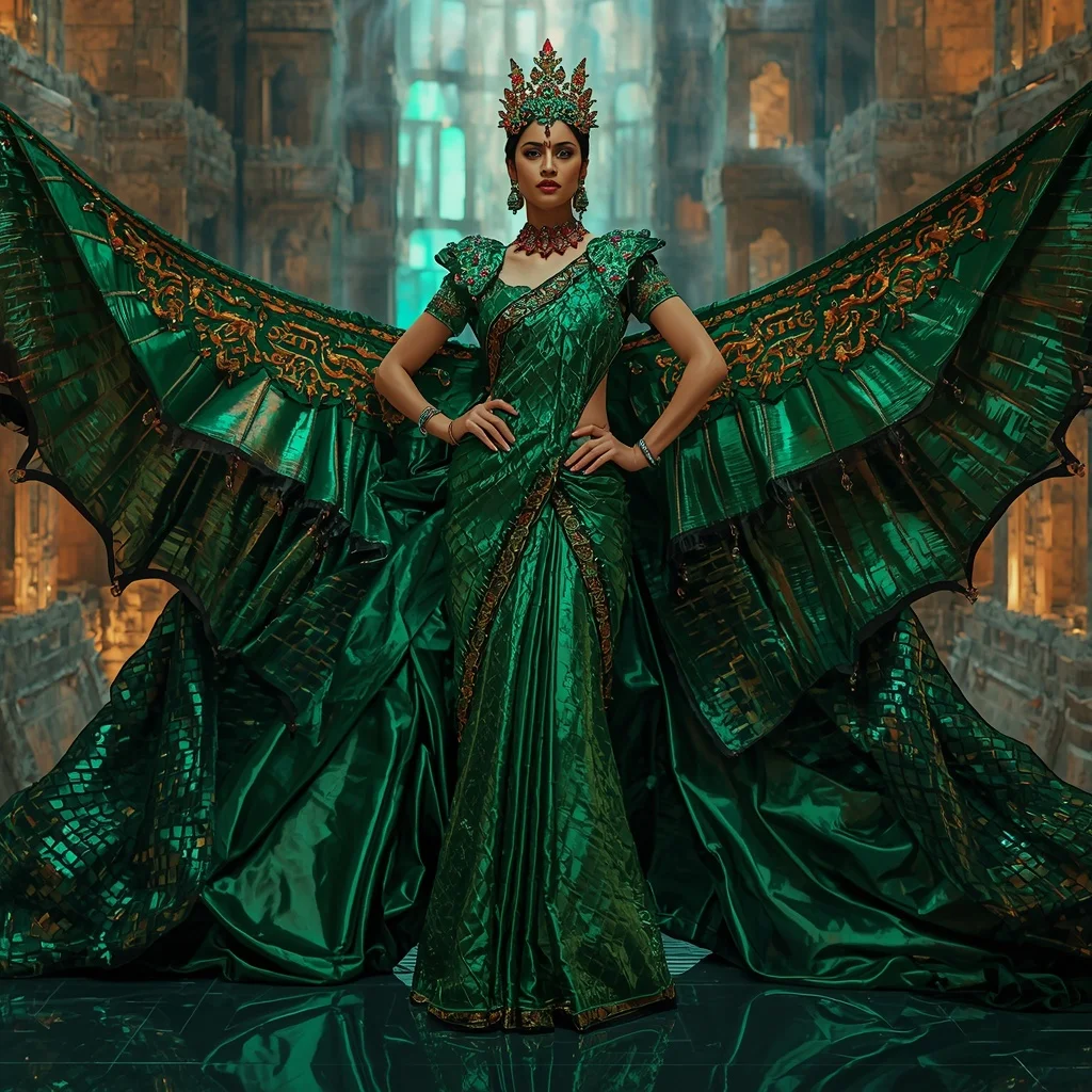 Metallic Emerald Dragon Crown Kingdom Saree with Jewel Fortress Citadel | Instagram Influencer Ai Prompt
