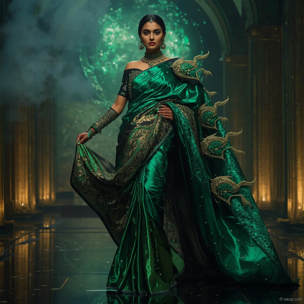 Metallic Emerald Dragon Nebula Saree with Jewel Fortress Empire | Prompt Seen Girl Kurti