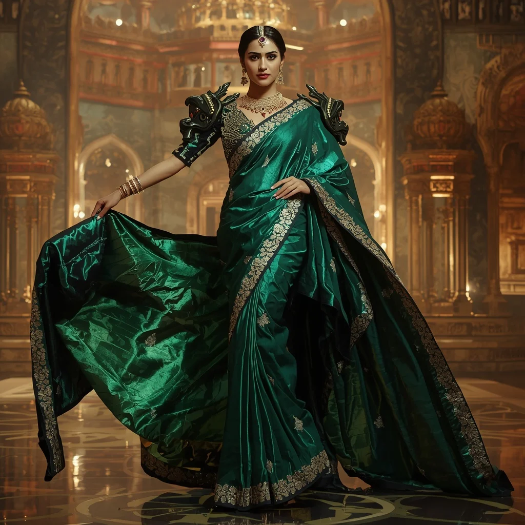 Metallic Emerald Dragon Observatory Saree with Jewel Fortress Palace | 4k Ai Prompt