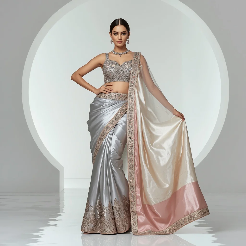 Metallic Floral Palace Saree with Modern White Gallery | Prompt Chatgpt