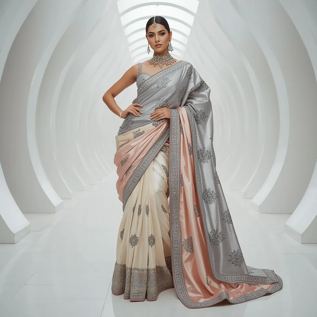 Metallic Floral Throne Saree with Modern White Atrium | Makeup Ai Prompt