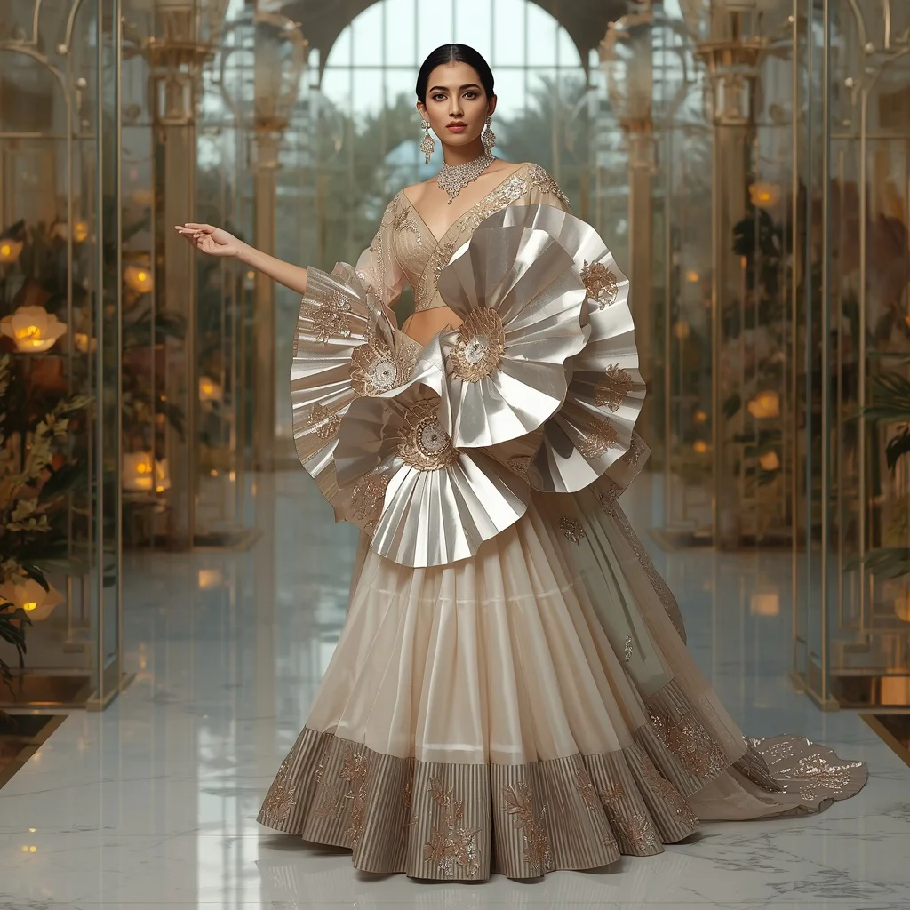 Metallic Magnolia Fan Saree with Luxury Glass Conservatory | Google Prompt