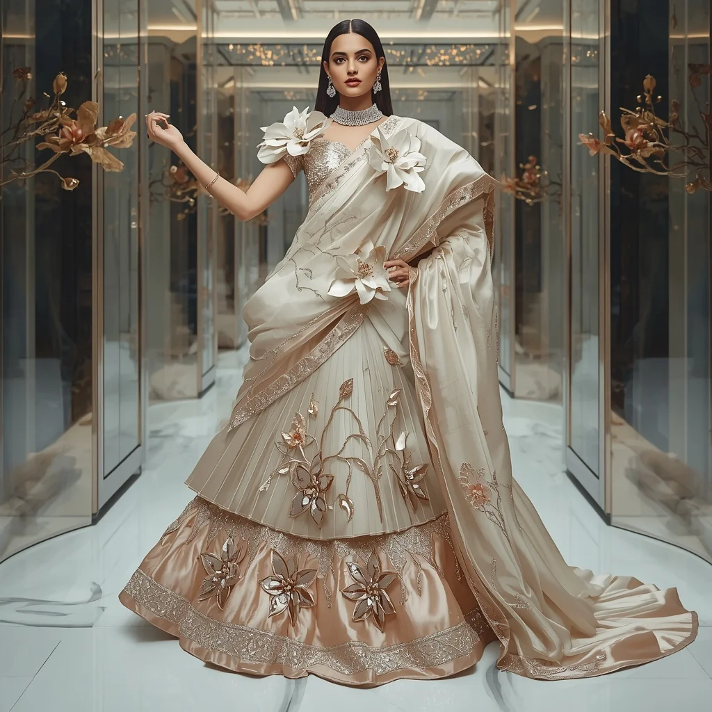 Metallic Magnolia Palace Saree with Luxury Glass Atrium | Prompt For Gemini AI Girl Model