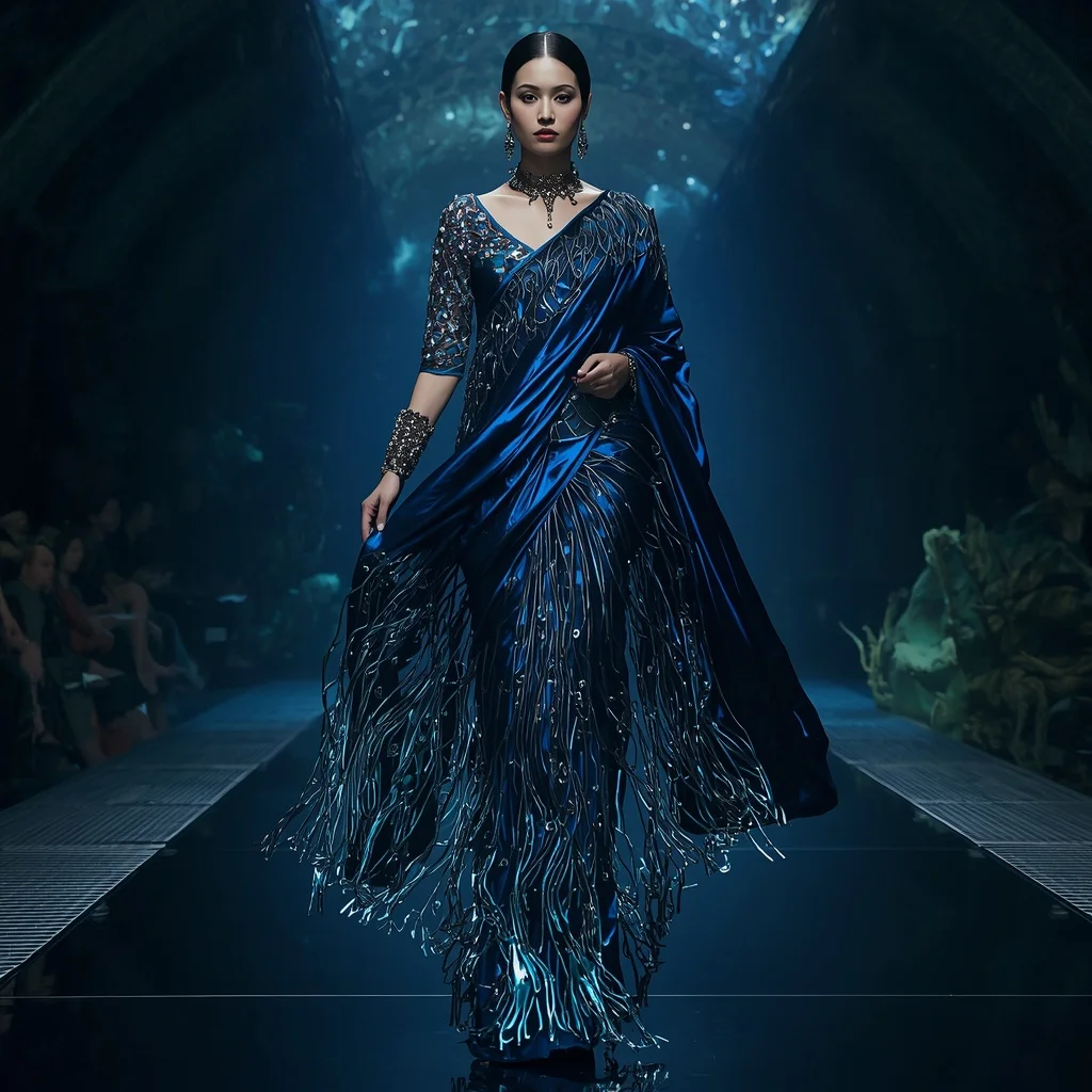 Metallic Ocean Abyss Saree with Deep Sea Gravity Flow | Gemini Photo Editing Prompt