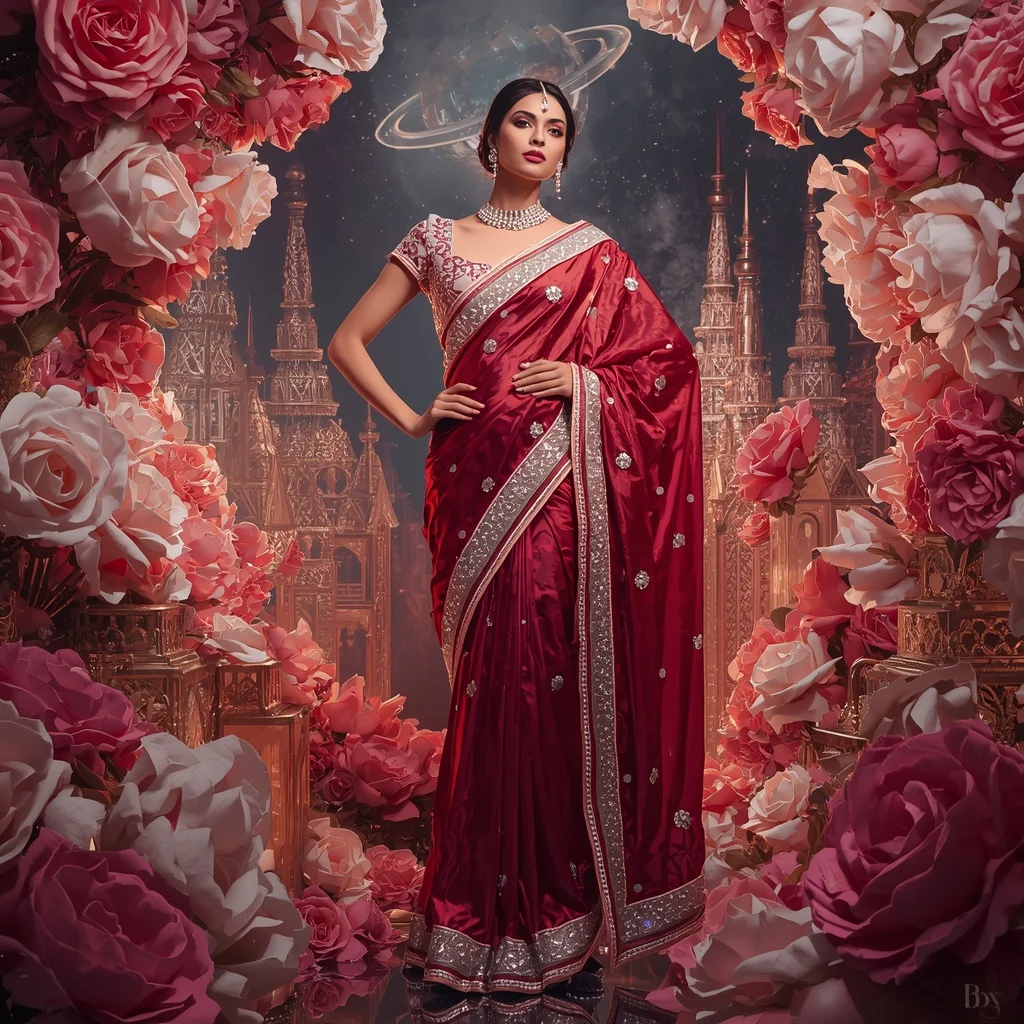 Metallic Rose Diamond Temple Saree with Floral Royal Universe | Prompt For Girls Trending