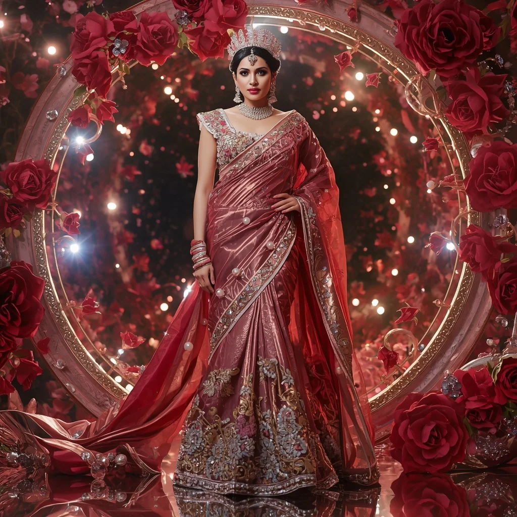 Metallic Rose Infinity Crown Saree with Floral Royal Universe | Desi Girl Ai Prompt