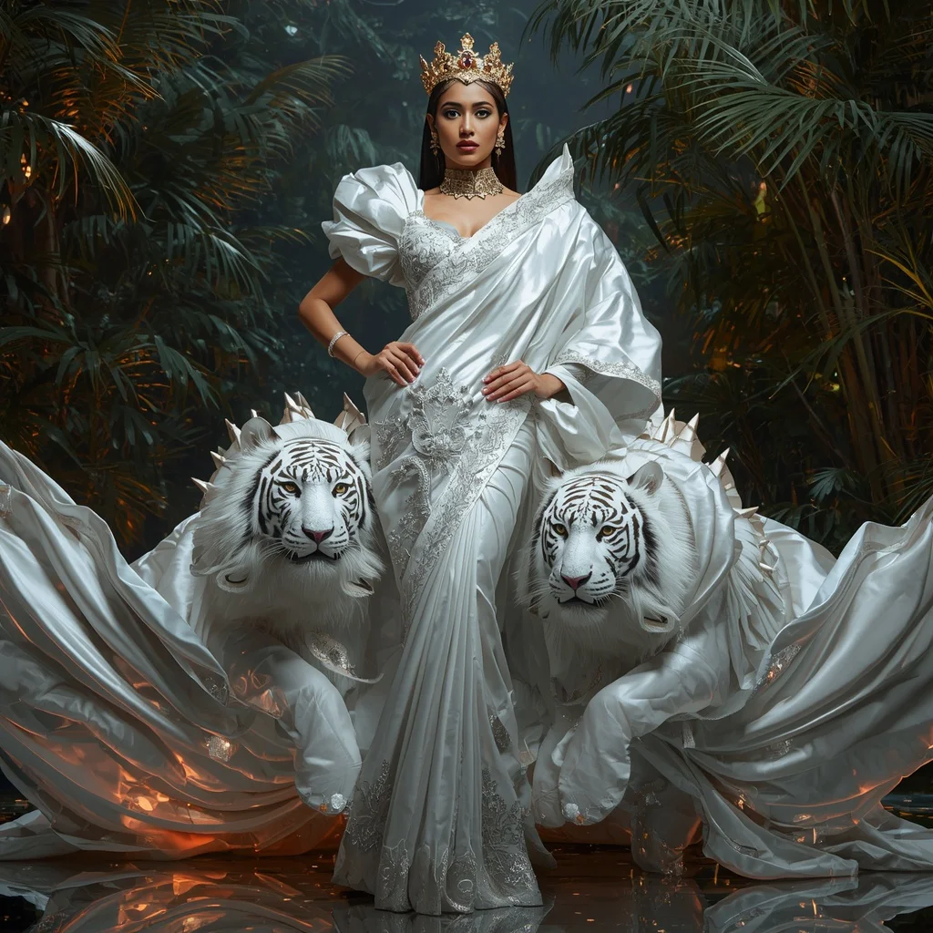 Metallic Royal White Tiger Crown Saree with Imperial Jungle Kingdom | Profile Picture Ai Prompt