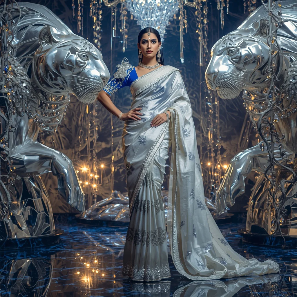 Metallic Royal White Tiger Saree with Diamond Jungle Kingdom | New Instagram Trend Prompt For Girl And Boy
