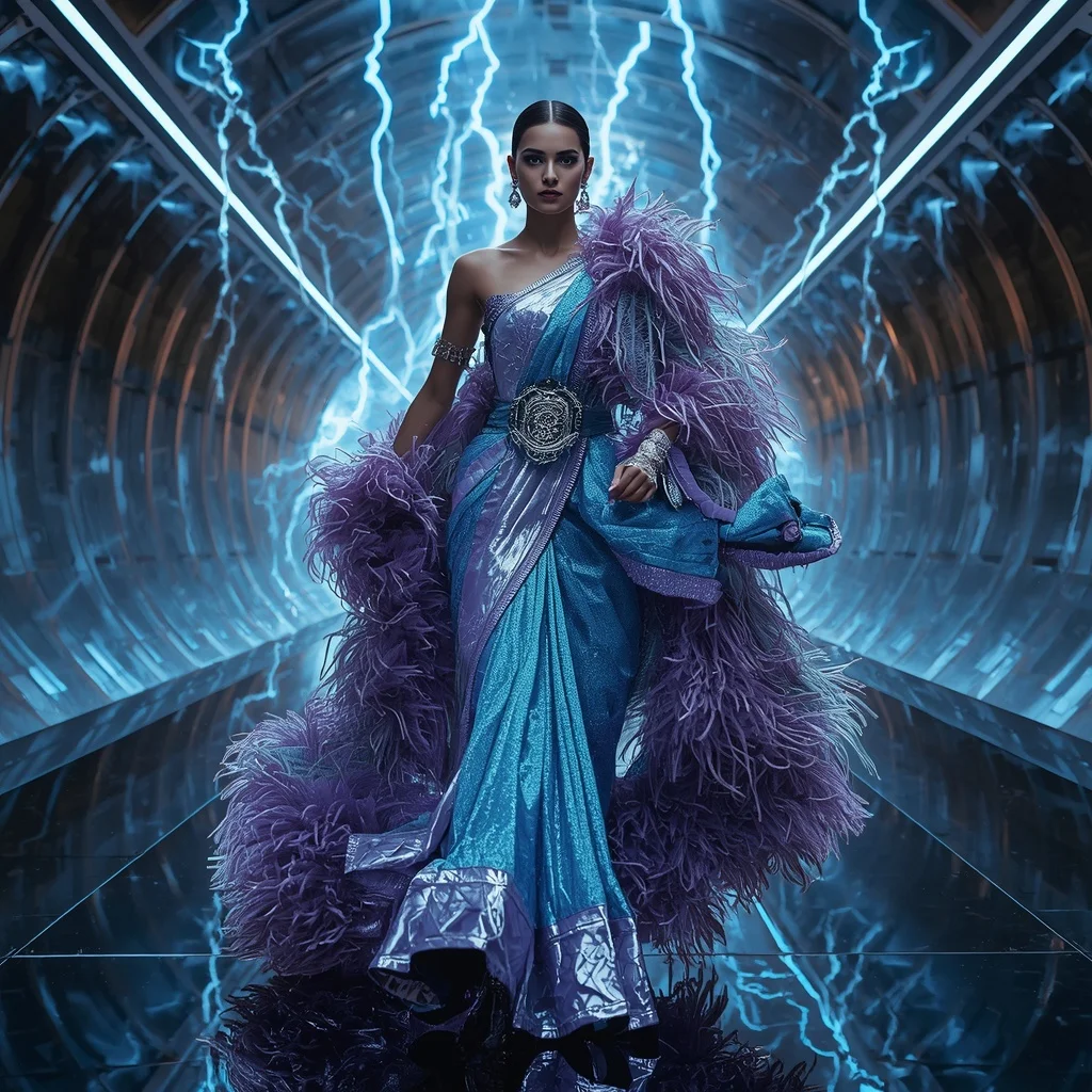 Metallic Thunder Lion Saree with Cyber Lightning Corridor | Ai Girl Image Prompt