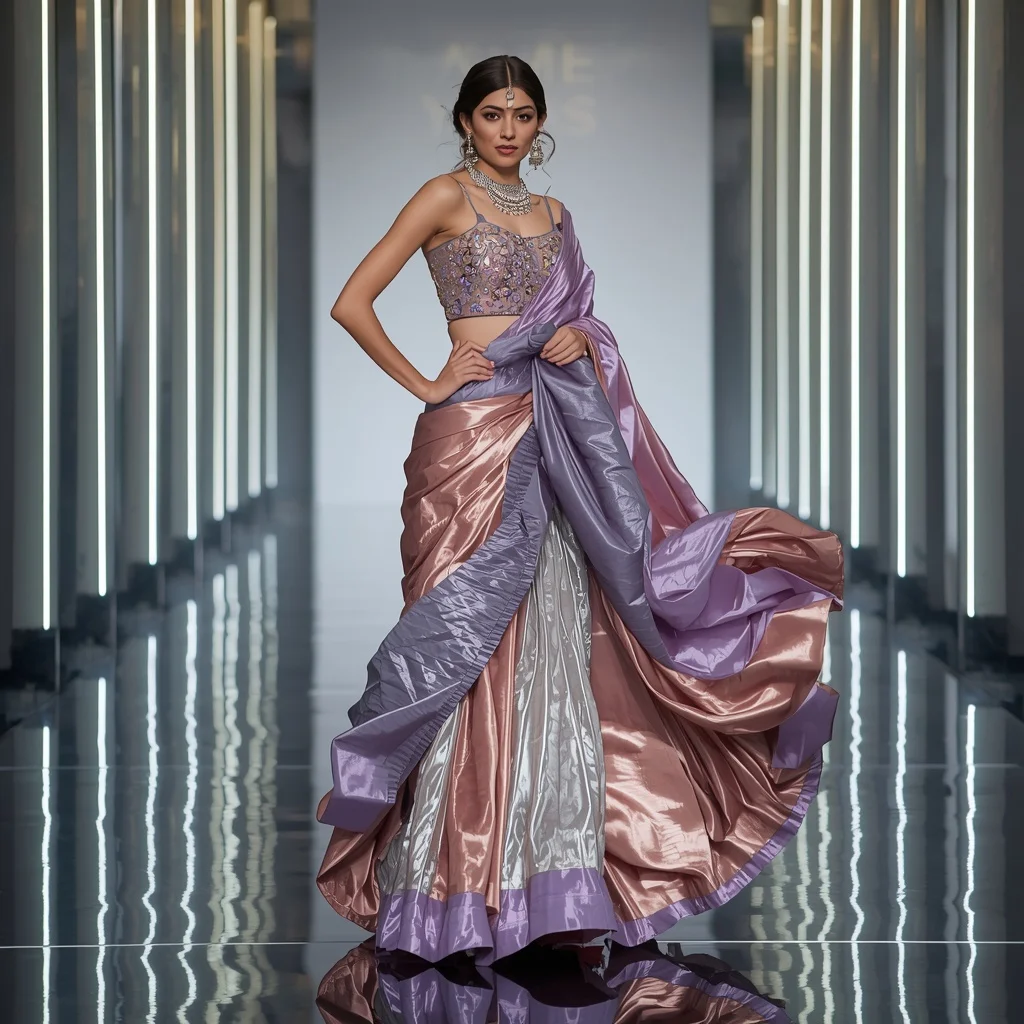 Metallic Tulip Ribbon Saree with Infinity Reflection Gallery | New Instagram Trend Prompt For Girl Attitude