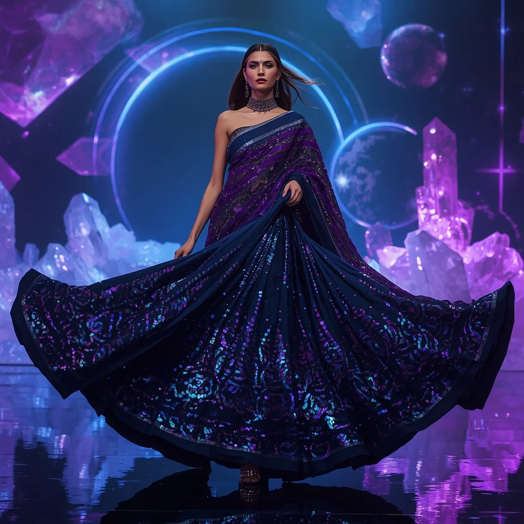 Midnight Aurora Mirage Saree with Floating Crystal Orbit Dimensions | Prompt Ai For Girl Instagram