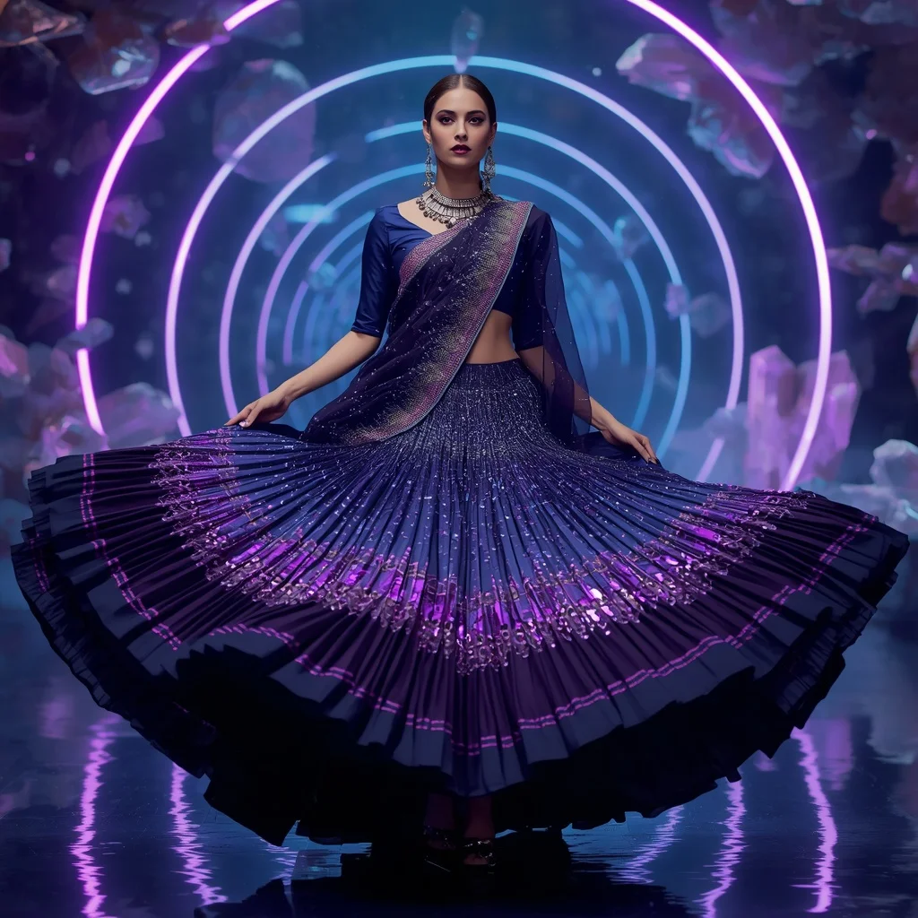 Midnight Aurora Quantum Saree with Floating Crystal Orbit Corridors | Prompt Seen Trending Girl AI Photo