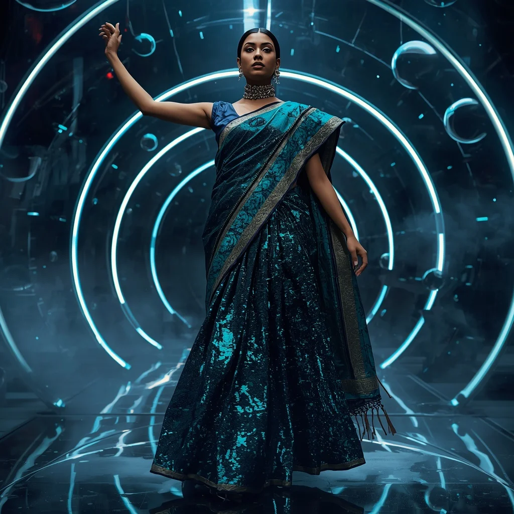 Midnight Aurora Saree with Floating Orbit Lights | Beautiful Saree Girl Ai Prompt