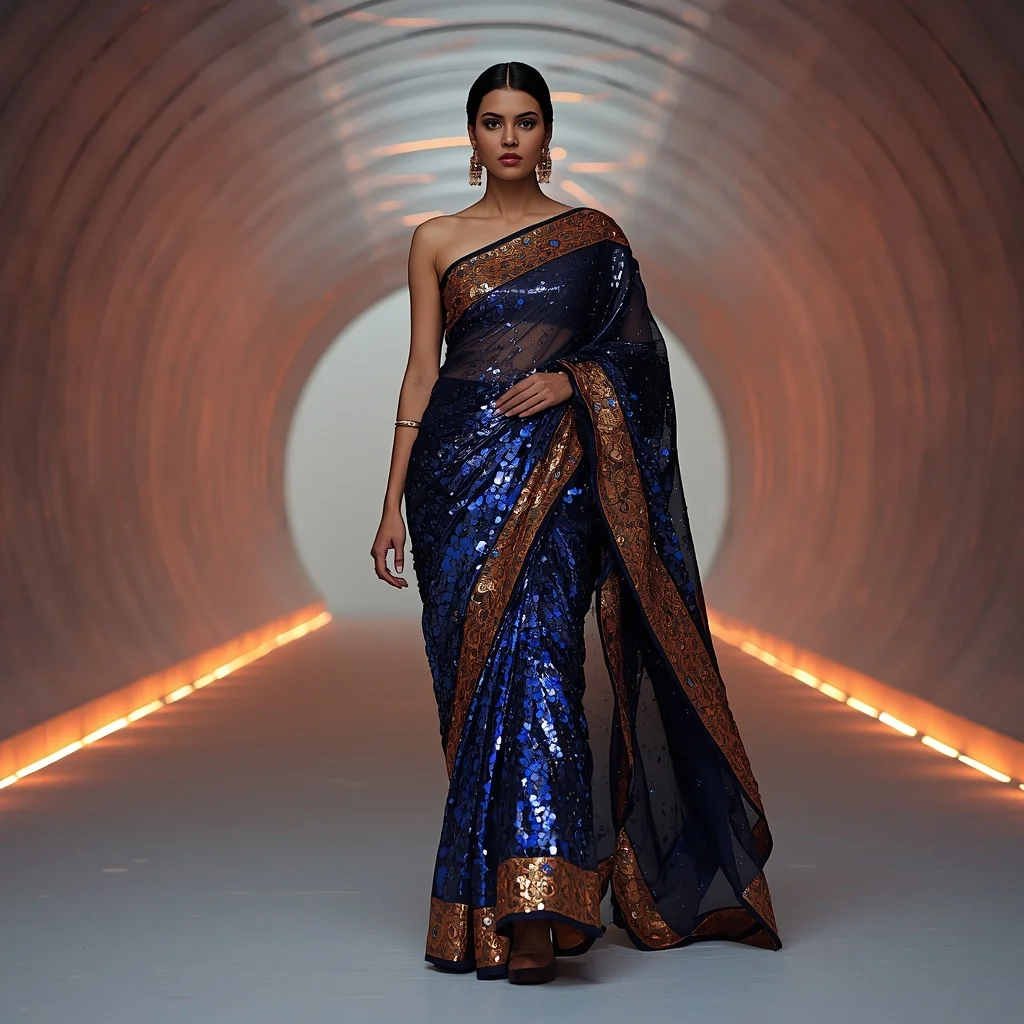 Midnight Blue Foil and Amber Glass Saree with Continuous Curve Corridor | Banana Prompts Girls