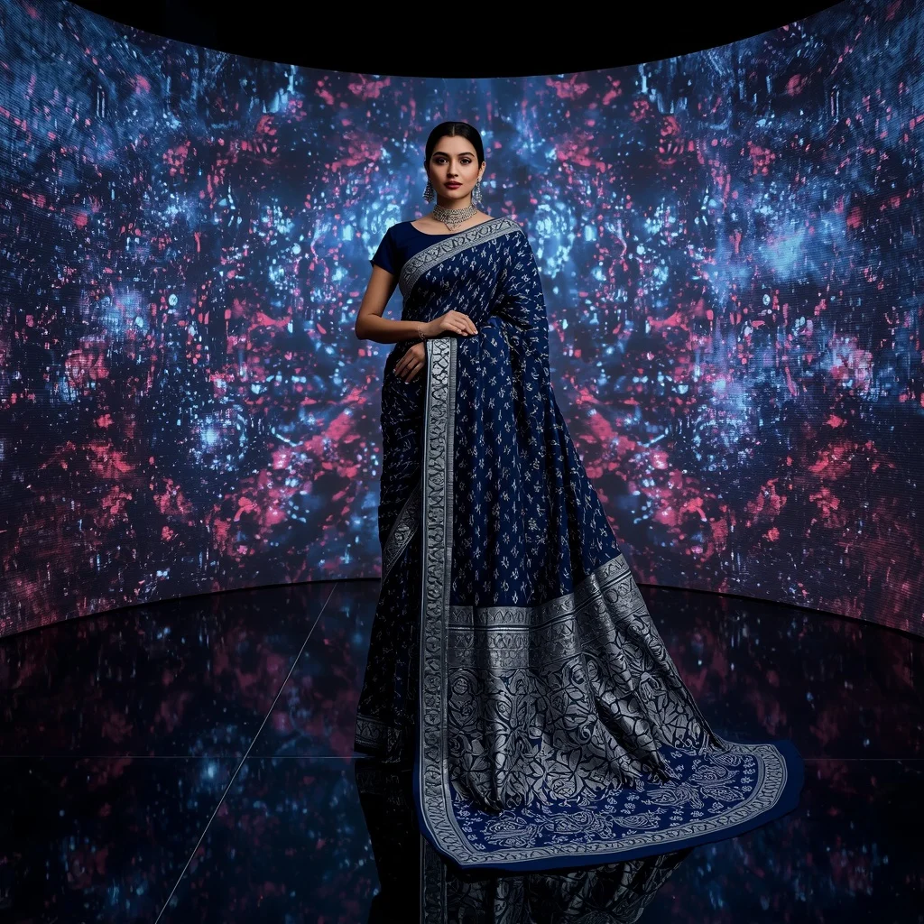 Midnight Blue Heavy Zardosi Starry Night Pattern Festive Saree | New Instagram Trend Prompt For Girl And Boy Aesthetic
