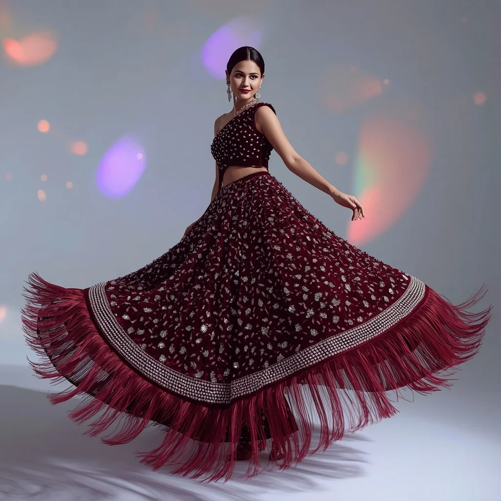 Midnight Burgundy Velvet Saree with Massive Crystal Fringe Overload | Ai Girl Image Prompt