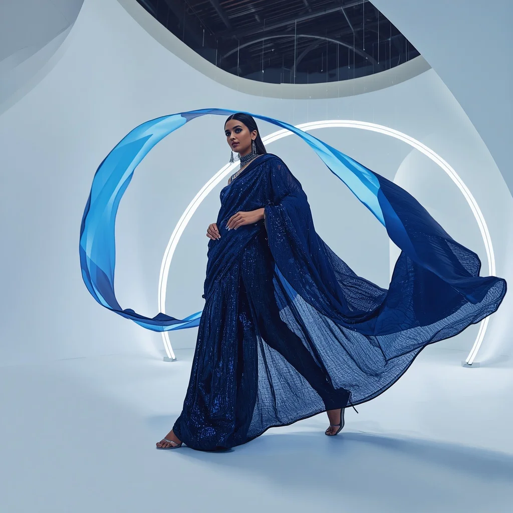 Midnight Cobalt and Chrome-Frame Saree with Floating Arc Lights | Prompt Ai For Girl Instagram