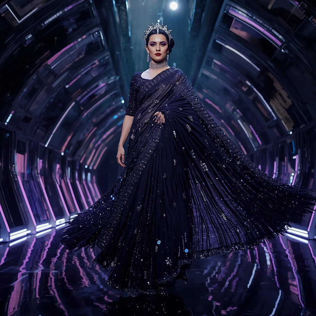 Midnight Cosmos Queen Saree with Noir Crystal Infinity Megafortress | Aesthetic Ai Prompt