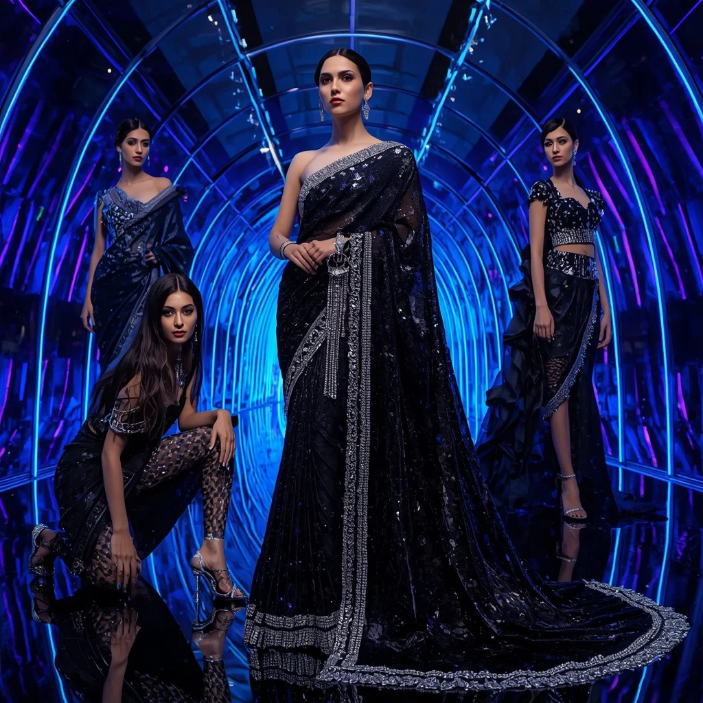 Midnight Crystal Nova Saree with Infinity Neon Prism Fortress | 4k Ai Prompt