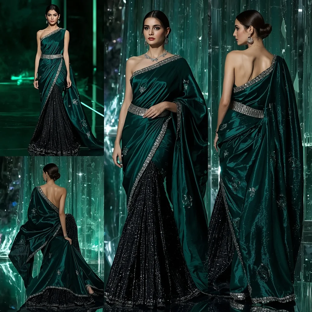 Midnight Emerald Fantasy Saree with Crystal Reflection Domes | Beautiful Woman Ai Prompt