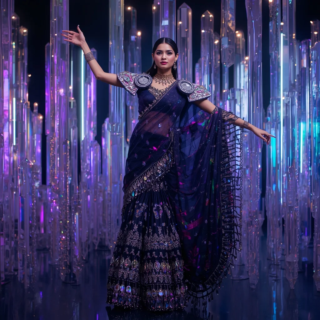 Midnight Galaxy Prism Saree with Floating Halo Crystal Palace | Gym Influencer Ai Prompt