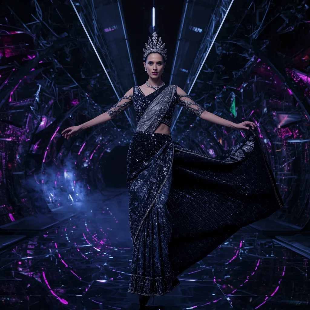Midnight Nebula Crown Saree with Noir Crystal Infinity Megafortress | New Design Ai Prompt
