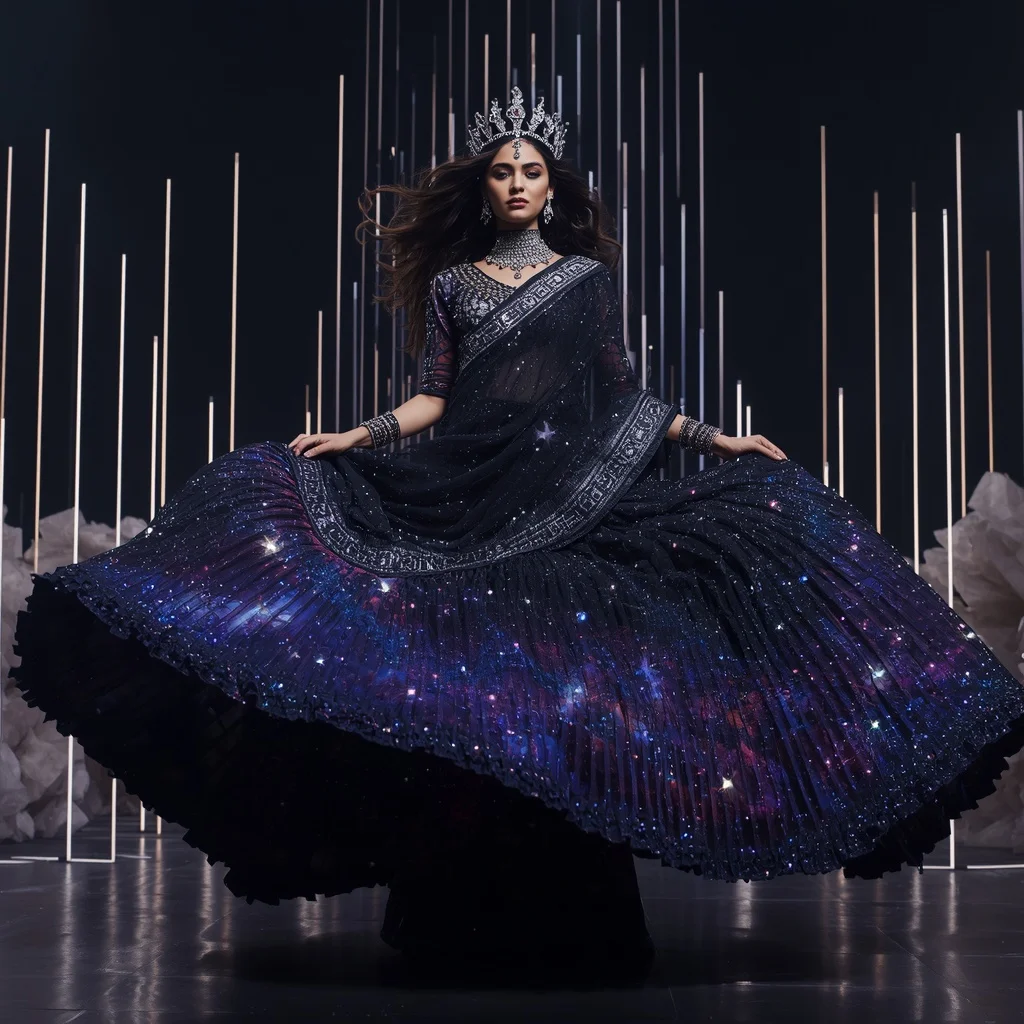 Midnight Nebula Maharani Saree with Cosmic Crystal Universes and Galaxy Crown Citadel | Indian Girl Ai Prompt