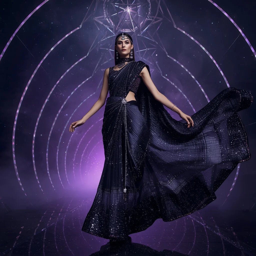 Midnight Nebula Sovereign Saree with Noir Crystal Infinity Megafortress | New Instagram Trend Prompt For Girl And Boy Aesthetic