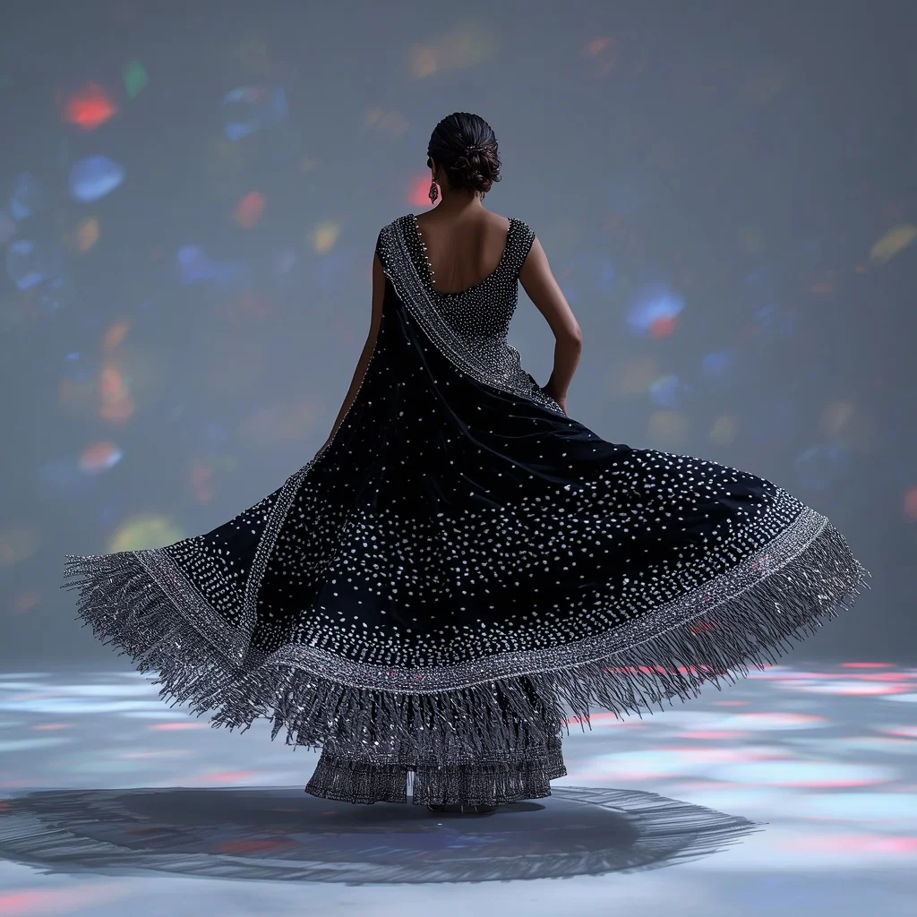 Midnight Onyx Velvet Saree with Massive Crystal Fringe Overload | Indian Girl Ai Prompt