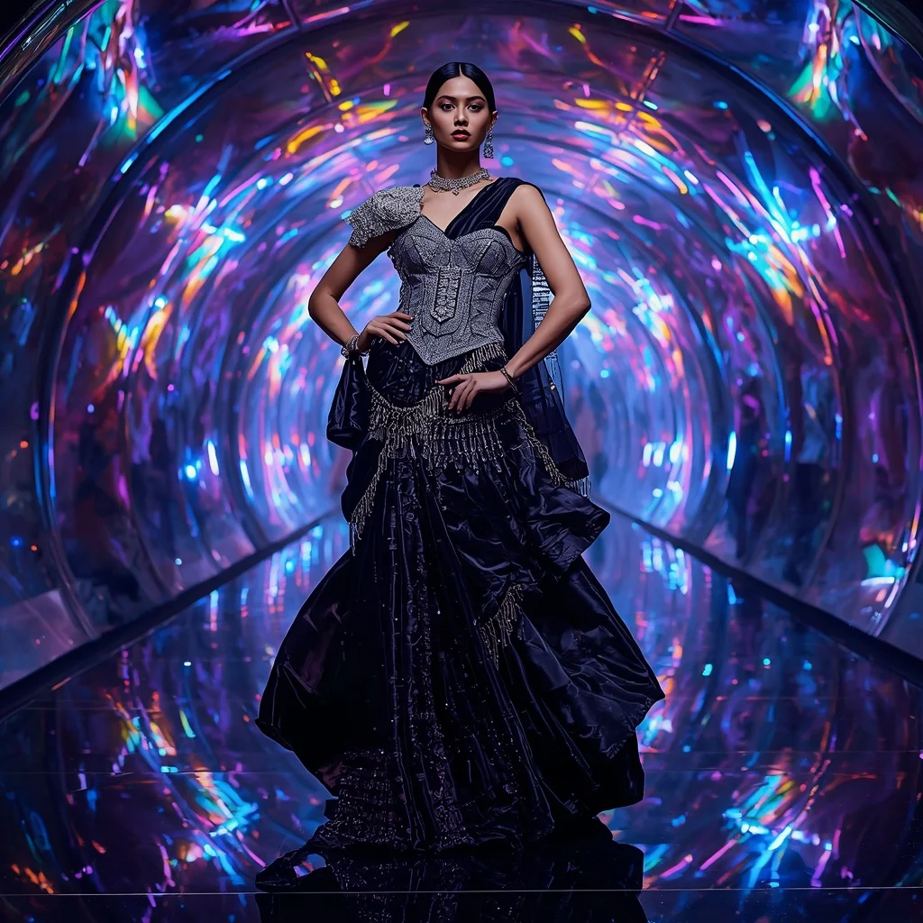 Midnight Prism Fantasy Saree with Infinity Crystal Reflection Dome | Prompt For Gemini