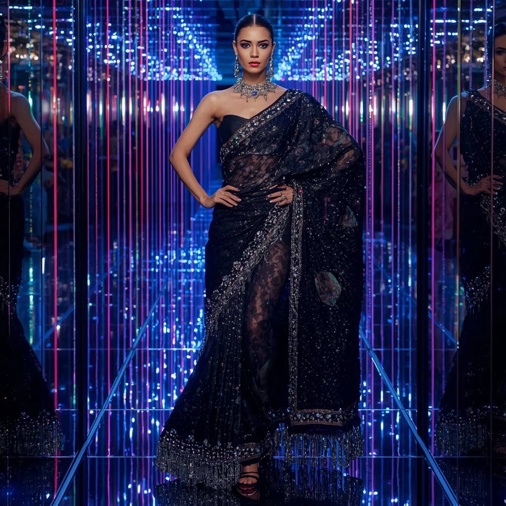 Midnight Prism Galaxy Saree with Infinity Crystal Reflection Corridor | Prompt Seen Girl