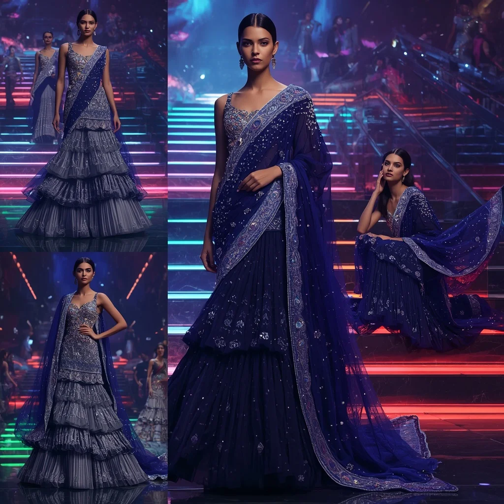 Midnight Sapphire Queen Saree with Neon Galaxy Staircase | Saree Ai Prompt