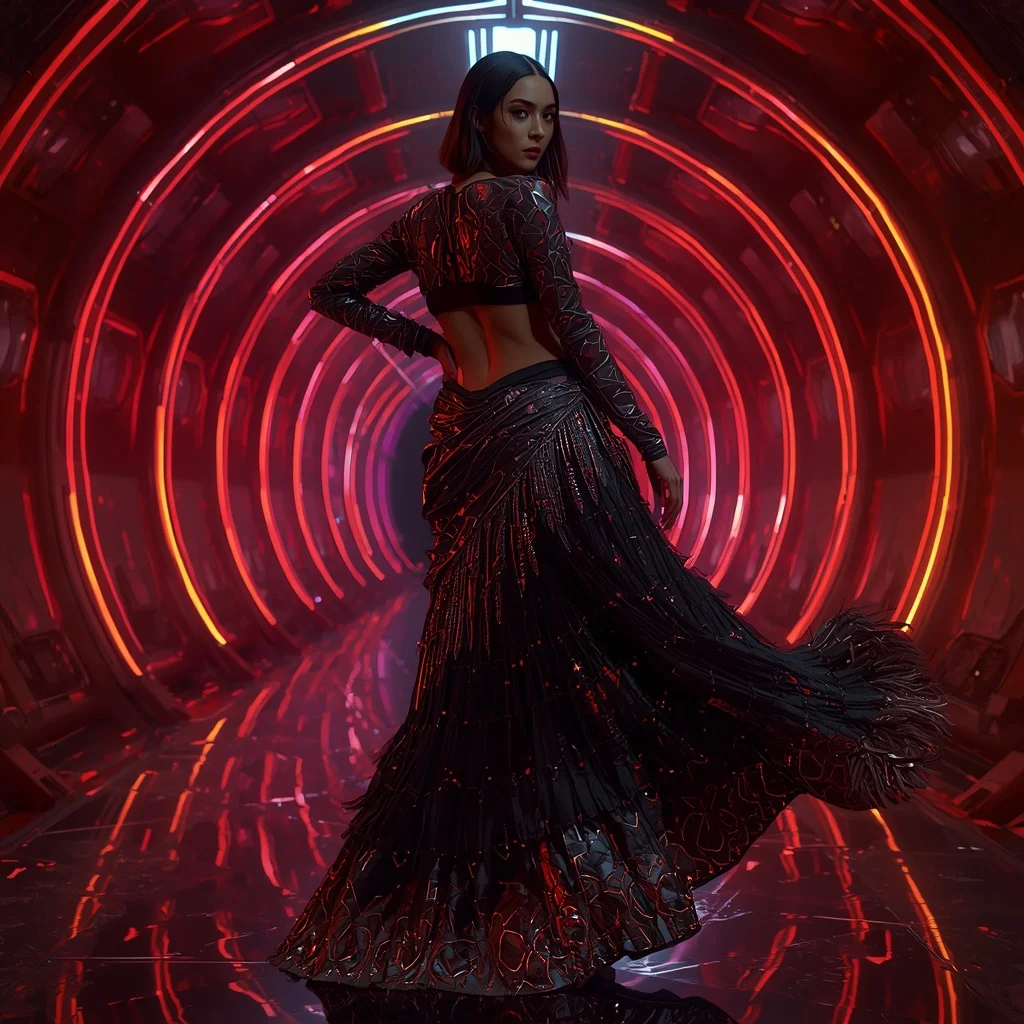 Midnight Volcanic Rift Abyss Armor Saree with Holographic Plasma Engine Singularity Corridor Core System | Instagram Prompt For Traditional Look For Girl