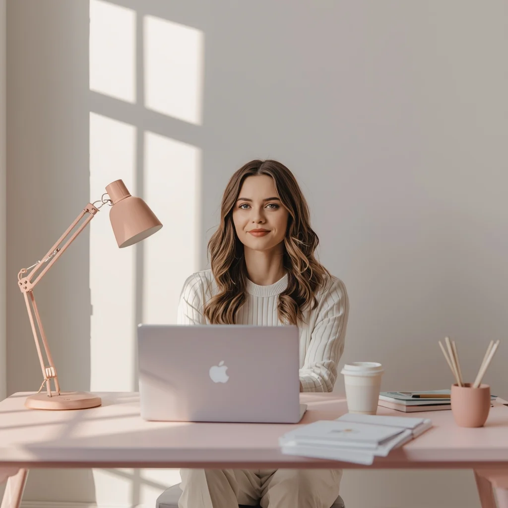 Minimal Pastel Workspace Influencer Portrait with Clean Aesthetic | Viral Instagram Ai Prompt