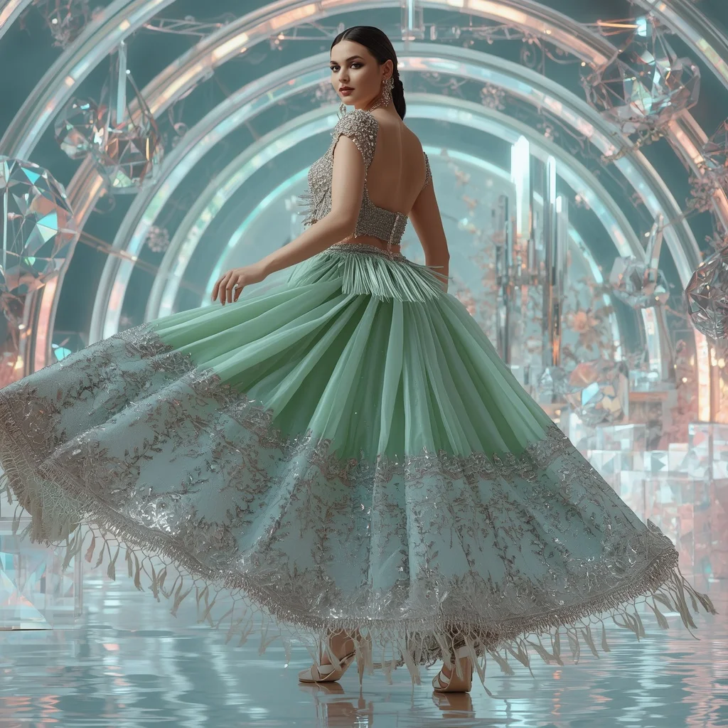 Mint Aurora Crystal Garden Saree with Floating Holographic Prism Celestial Palace | Traditional Saree Prompt For Girl