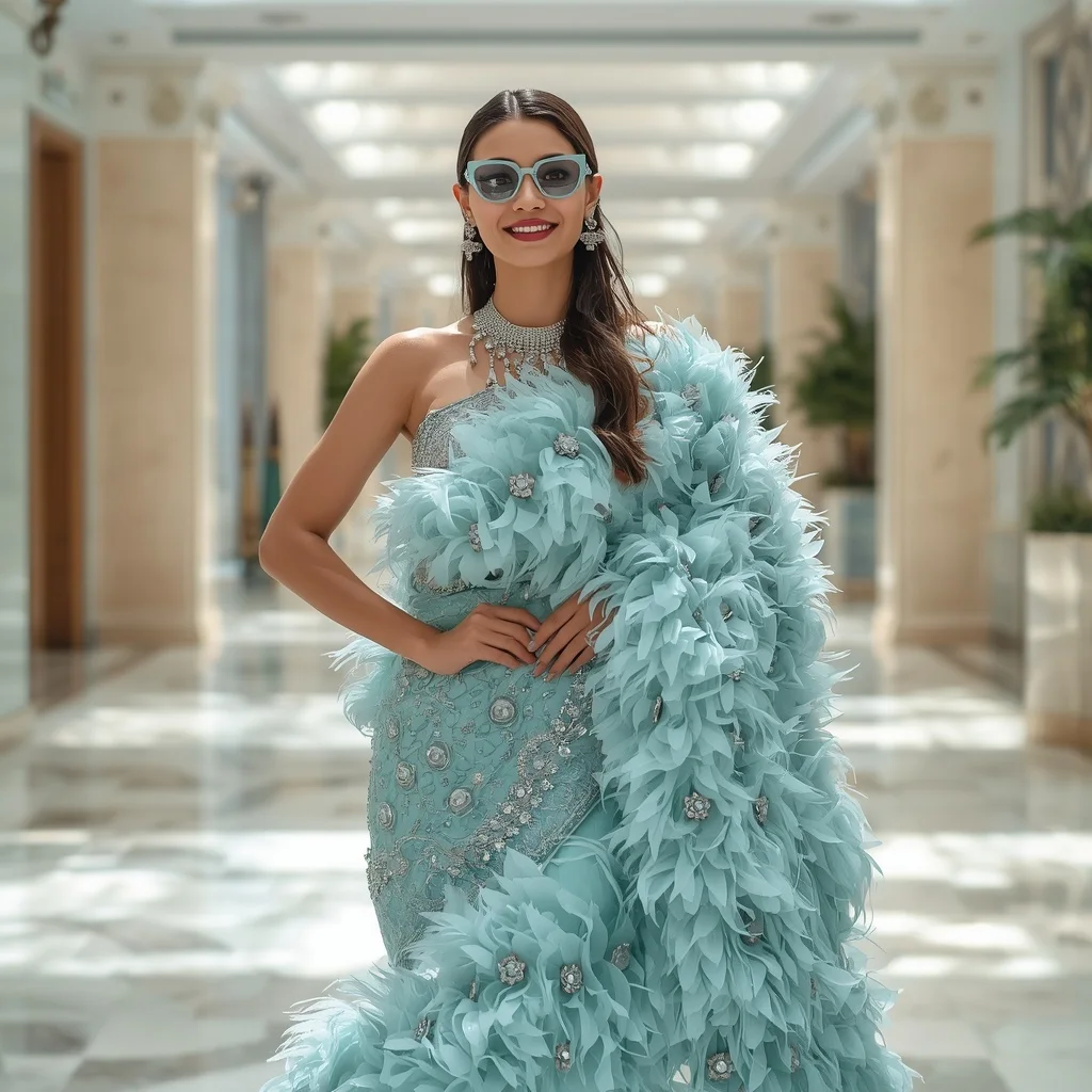 Mint Blue Feather Fringe & Swarovski Couture Saree | Instagram Profile Pic Ai Prompt