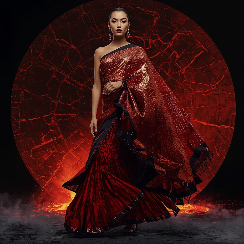 Mirror Lava Crystal Saree with Fractured Volcanic Dome | Instagram Aesthetic Ai Prompt