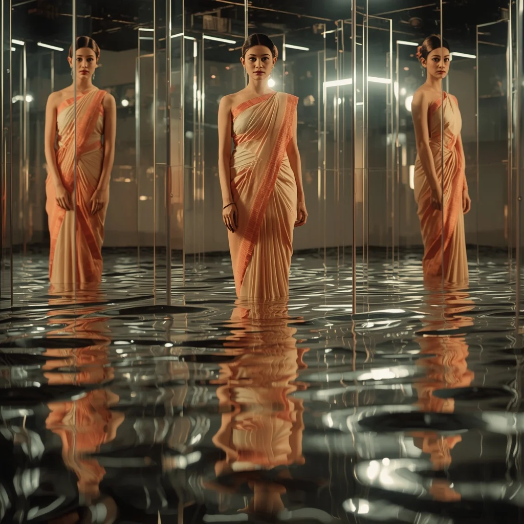 Mirror Ripple Space Saree Prompt with Reflection Waves and Cinematic Liquid Depth Effect | Indian Saree Ai Prompt