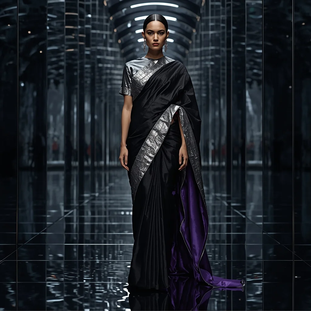 Mirror Void Gravity Saree with Infinite Reflection Collapse Hall | Prompt Seen Trending Girl Instagram