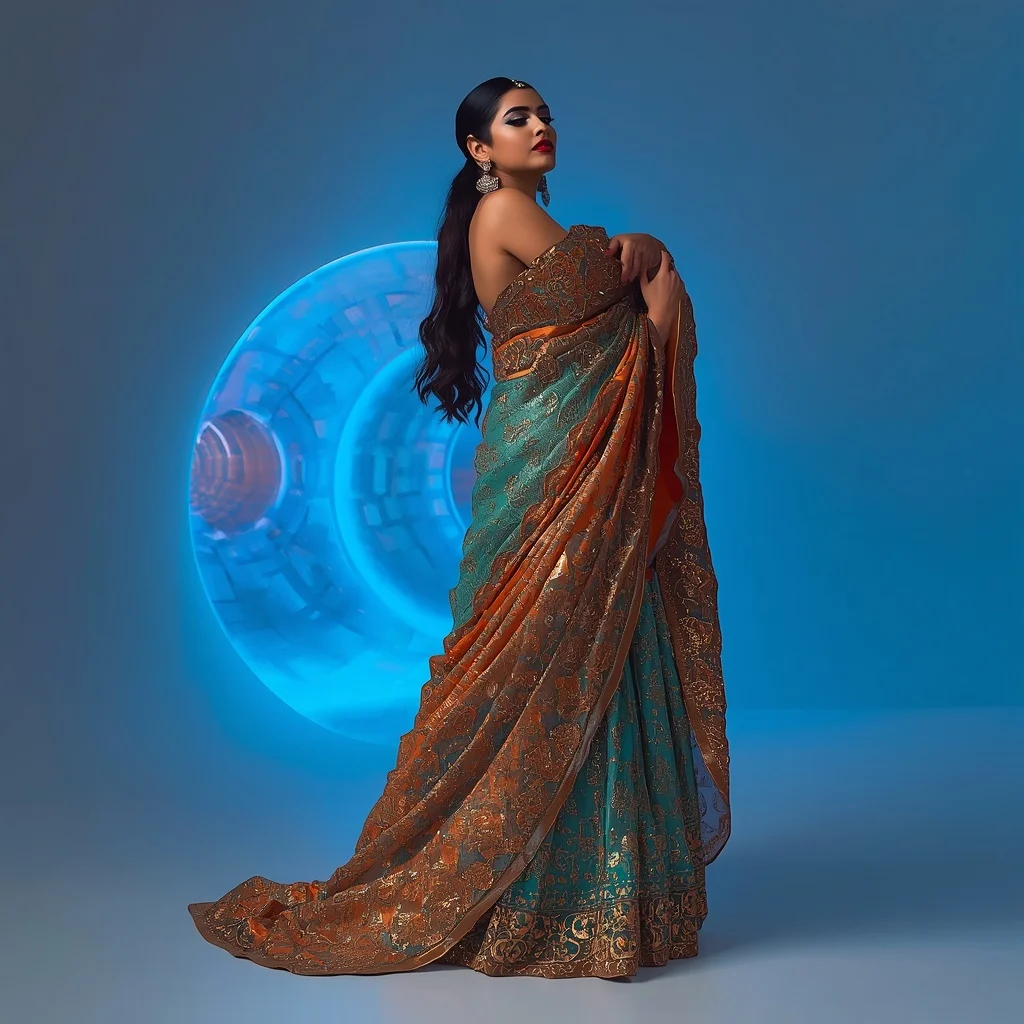 Molten Bronze and Neon Cyan Scale Saree with Cyber-Minimalist Tunnel | Prompt Trending Girl 2026