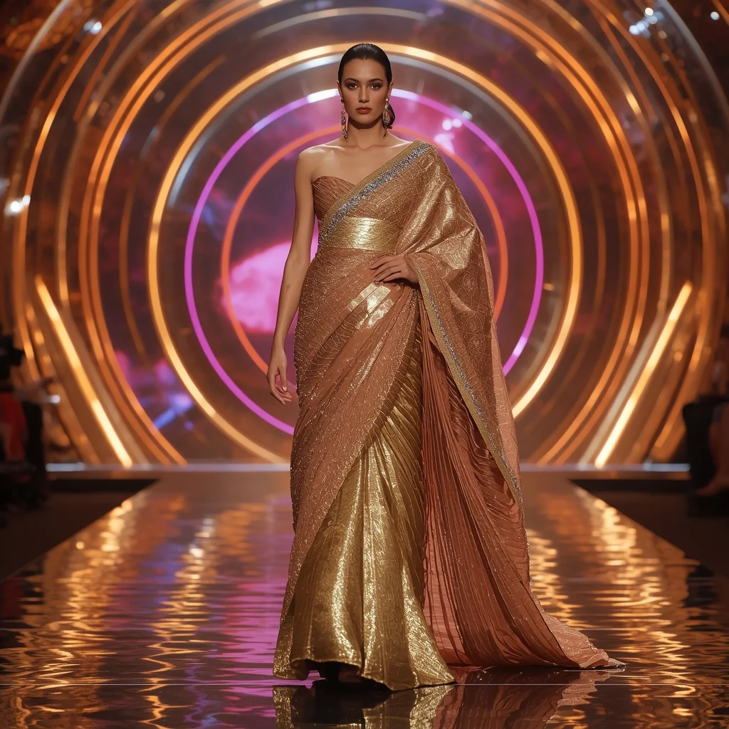 Molten Gold Aurora Symphony Saree with Neon Spiral Reflection Galaxy Infinity Dome | Chatgpt Prompt