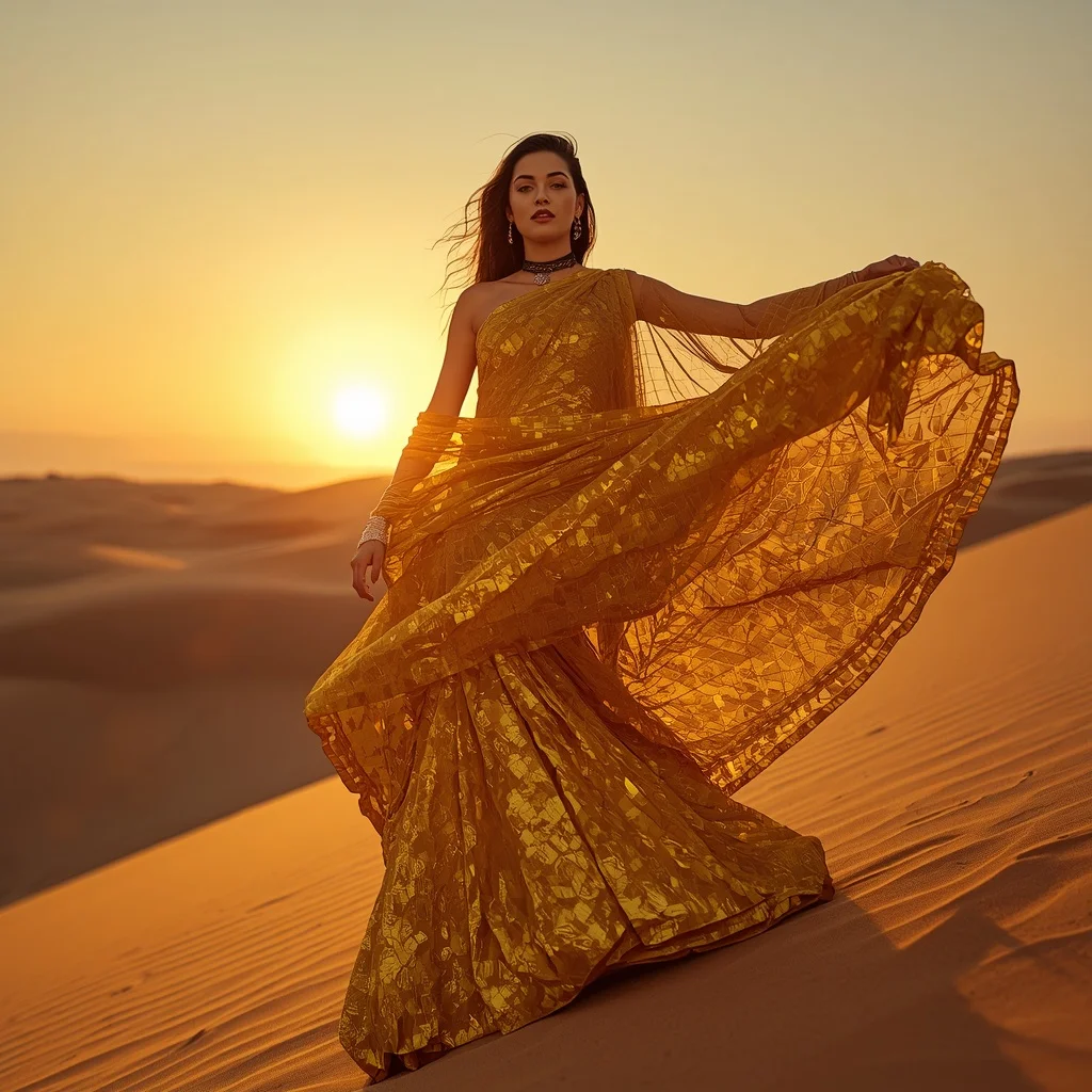 Molten Gold Tissue Saree on a Sunlit Desert Dune | Ai Gemini Saree Prompt