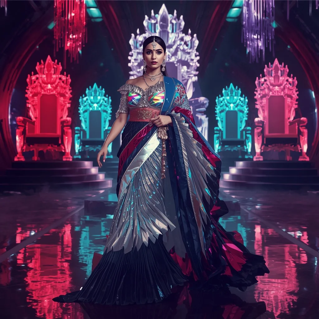 Molten Prism Empress Saree with Floating Neon Crystal Thrones | Easy Ai Prompt